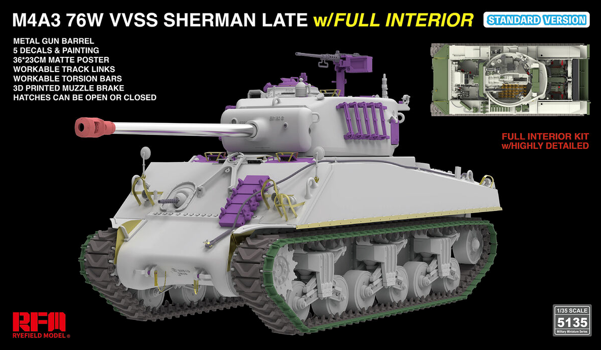 Rye Field Model 1/35 M4A3 Sherman 76W VVSS Late w/Interior Standard Version