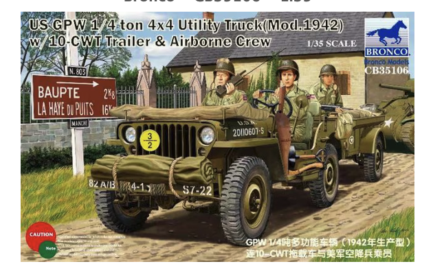 Bronco Model 1/35 US GPW 1/4ton 4×4 (Mod.1942) w/10-cwt Trailer & Airborne Crew