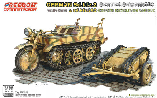 Freedom Model 1/16 German Sd.Kfz.2 Kettenkraftrad with Cart & Sdkfz 302 Goliath Vehicle