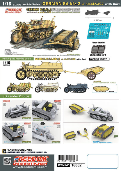 Freedom Model 1/16 German Sd.Kfz.2 Kettenkraftrad with Cart & Sdkfz 302 Goliath Vehicle