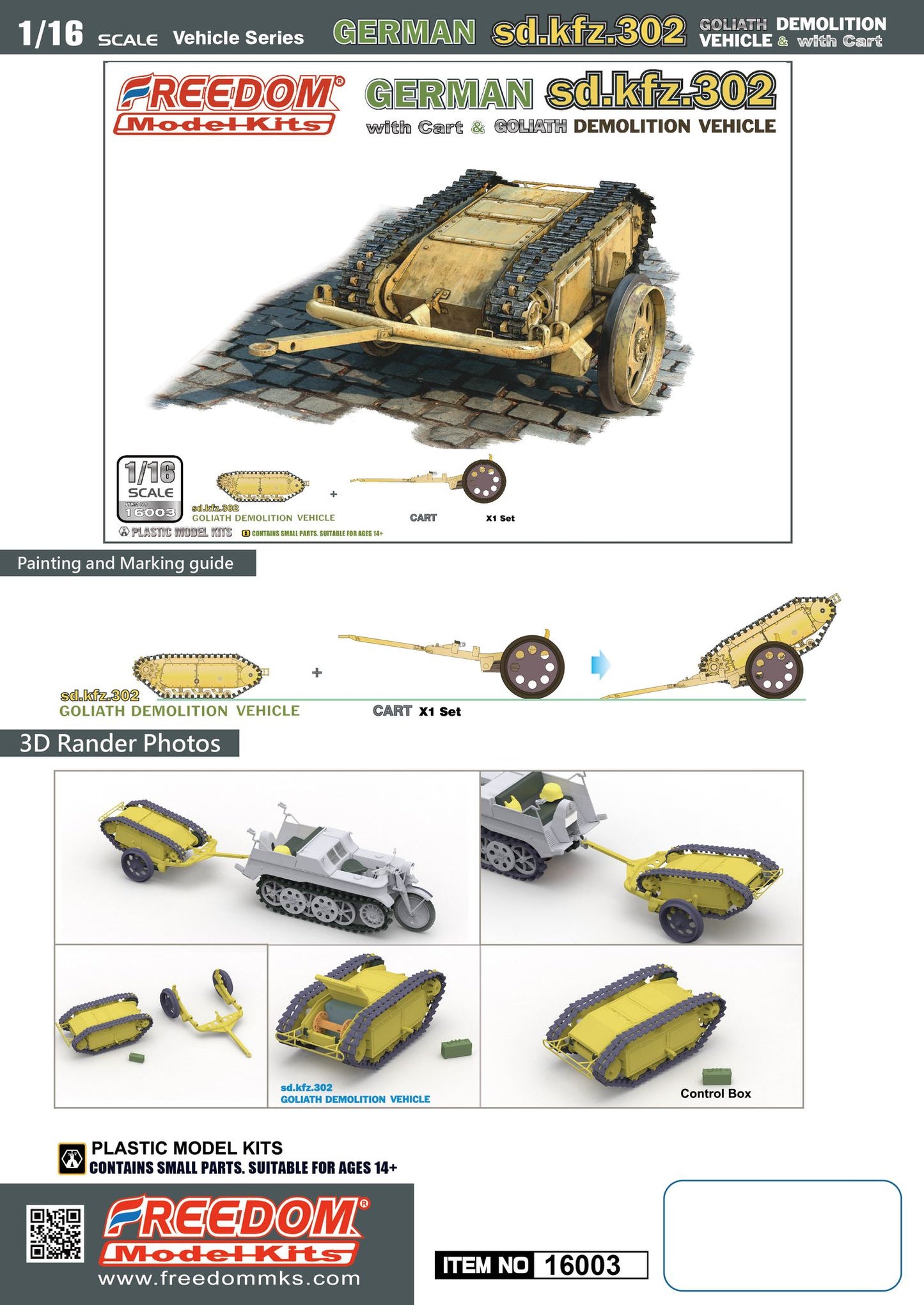 Freedom Model 1/16 Sd.kfz. 302 Goliath Demolition Vehicle w/ Cart Model Kit