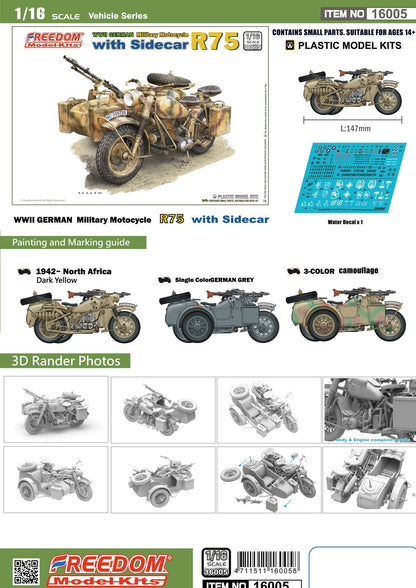 Freedom Model 1/16 R75 with Sidecar WWII German Motorcycle & Rider Figure