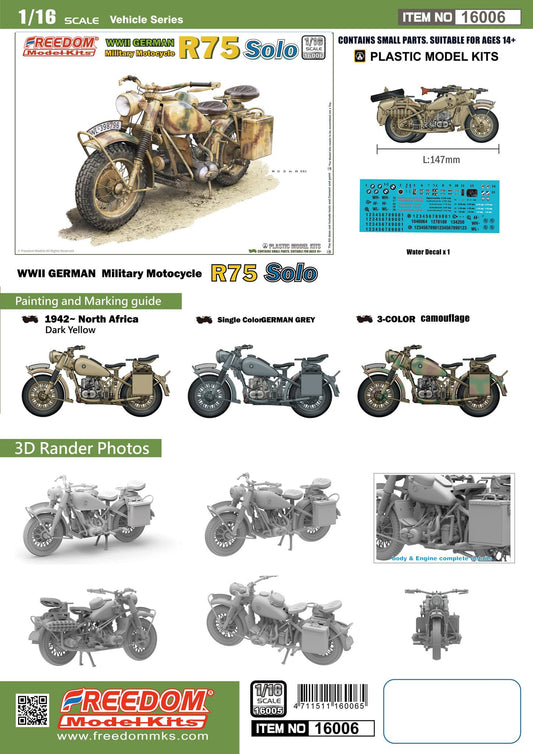 Freedom Model 1/16 WWII German BMW R75 Motorcycle Solo
