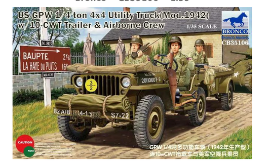 Bronco Model 1/35 US GPW 1/4ton 4×4 (Mod.1942) w/10-cwt Trailer & Airborne Crew
